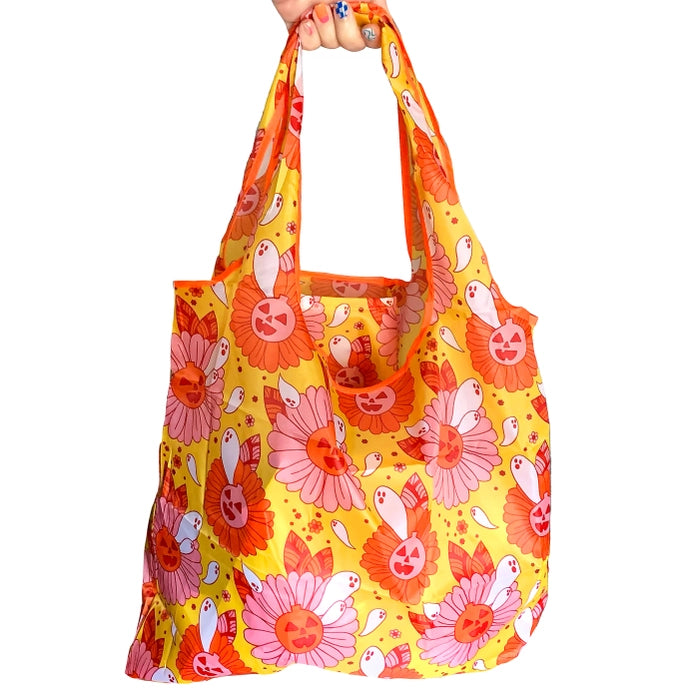 Spooky Retro Ghost Floral Fold-Up Reusable Bag