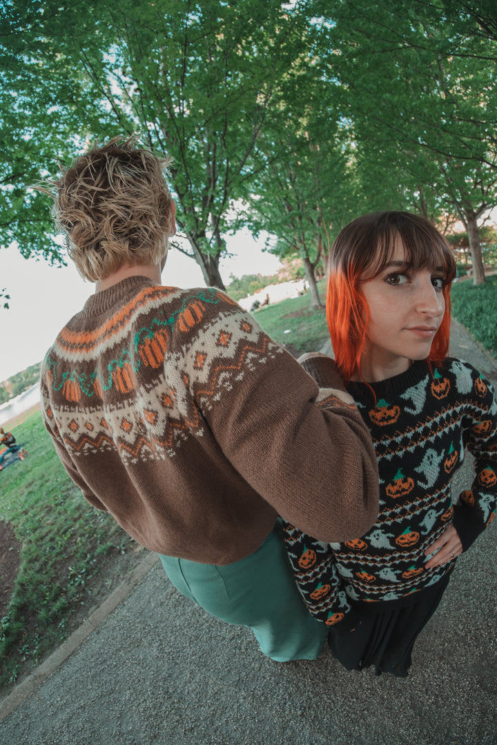 Halloween Ghost & Pumpkin Print Black Sweater