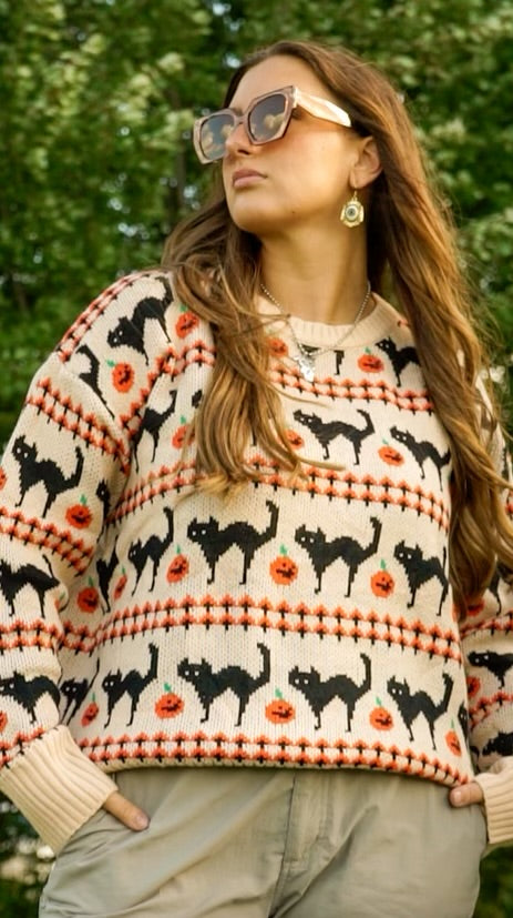 Black Cat Pumpkin Print Cream Halloween Sweater