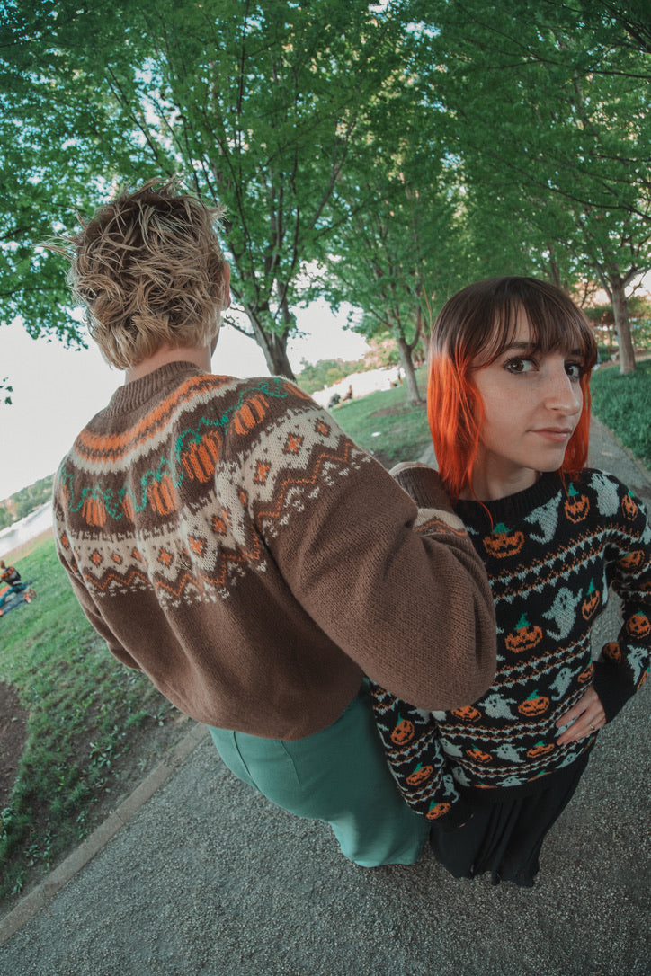 Vintage Inspired Pumpkin Print Brown Sweater